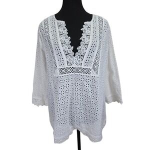 J Jill Womens‎ White Eylette Lace Shirt Size Large Petite Bohemian Cottagecore